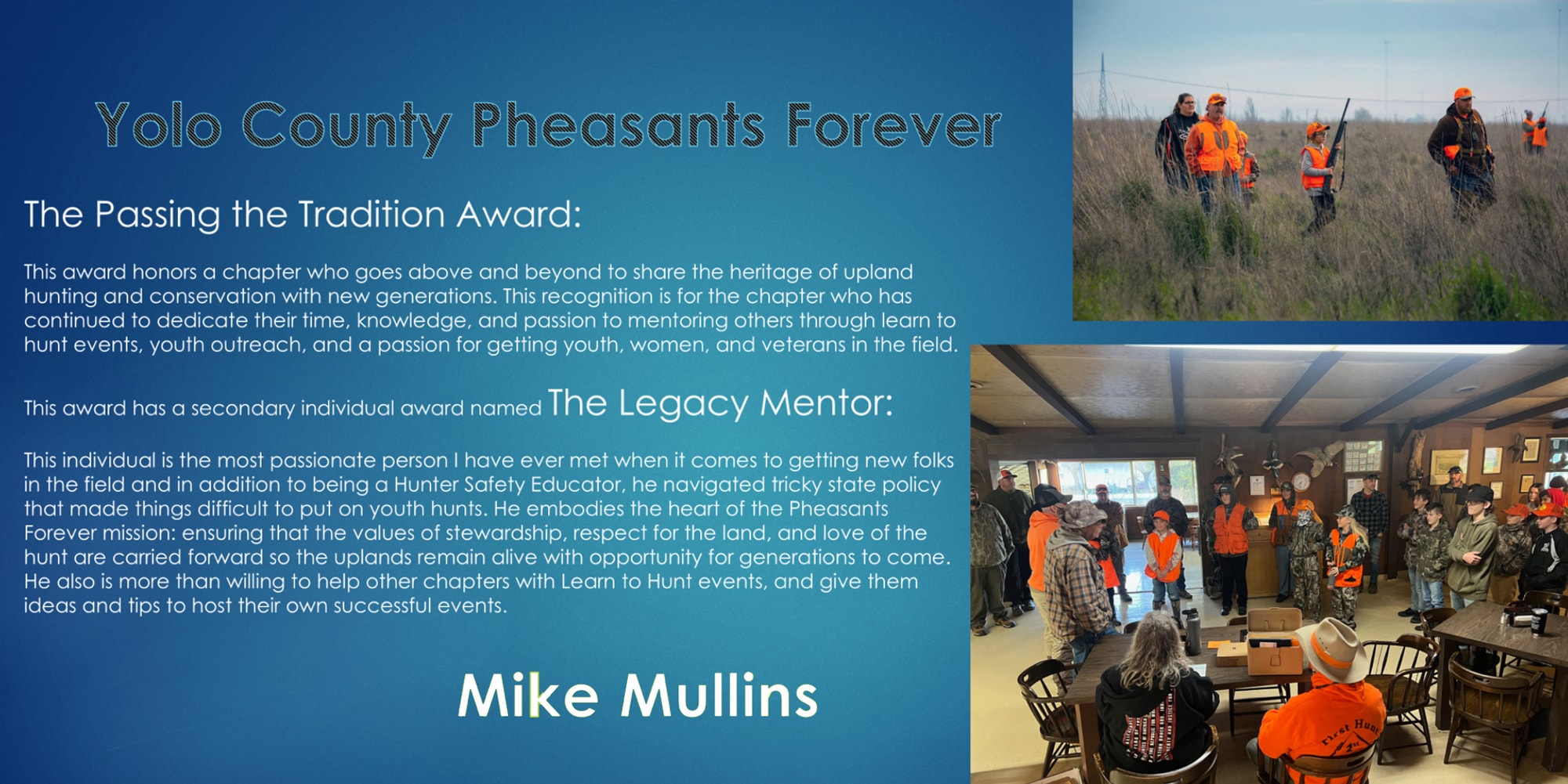 Yolo County Pheasants Forever award presentation graphic for Mike Mullins — Passing the Tradition Award and Legacy Mentor